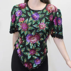 Laurence Kazar Vintage Kazar Silk Sequin Floral Black Blouse Womens M A000609 - Picture 1 of 7