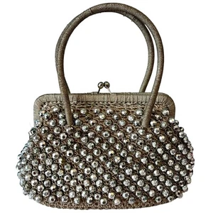 Vintage Barbara Lee Style Beaded Evening Bag Handbag Purse Silver Beads Italy - Picture 1 of 9