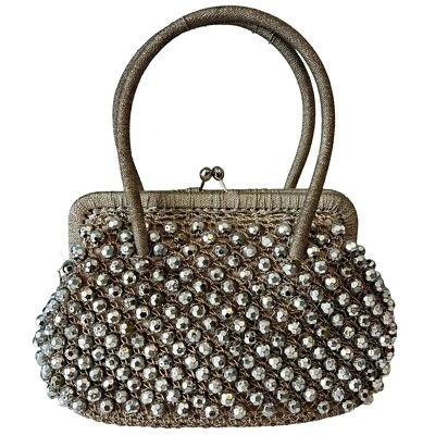 Vintage Barbara Lee Style Beaded Evening Bag Handbag Purse Silver Beads Italy - Image 1 of 4