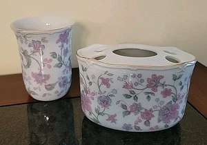 Vintage Takakashi/San Francisco Keramik Zahnbürstenhalter & Tasse Floral Goldrand - Bild 1 von 10