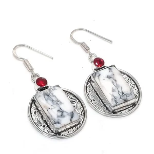 Howlite Jaspe, Granate Piedras Preciosas 925 Pendientes de Joyería de Plata d... - Imagen 1 de 5