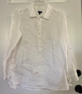 Talbots Large L White 100% Linen Roll Tab Long Sleeve Button Shirt Blouse - Picture 1 of 10