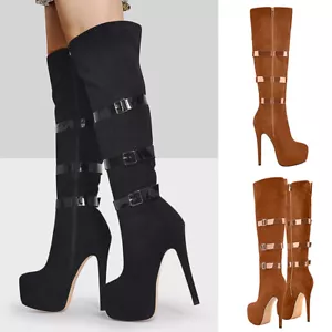 Botas altas para mujer Onlymaker club nocturno con cremallera lateral tacón alto plataforma de aguja hasta la rodilla - Imagen 1 de 26