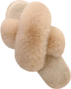 Women'S Fuzzy Slippers Comfy Cross Band House Shoes Memory Foam Open Toe Indoor - Picture 1 of 12