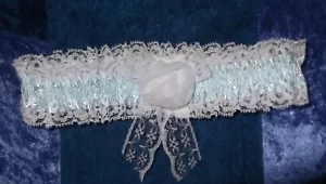 AQUA BLUE SATIN, ROSE and LACE BRIDAL GARTER, NEW, WHITE ROSE, AUSTRALIAN MADE - Picture 1 of 2