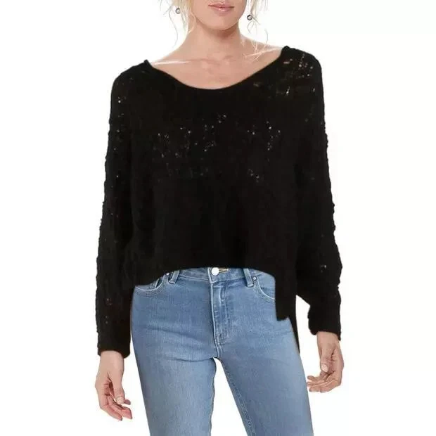 People Womens Sunday Shore Sweater Black Size Small S Open Knit Pullover