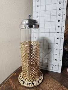 Gold Tone Metal Filigree Straw Holder Cover W/ Glass Silver Tone Metal Container - Picture 1 of 8