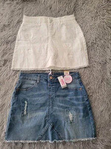 NWT Set 2 Justice Jean Skirt Raw Hem Built In Shorts Stretch Denim Blue White 16 - Picture 1 of 7