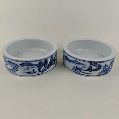  Vintage Chinese Paint Brush Bowls Blue & White Porcelain Landscape Scene Two - Image 1 of 4
