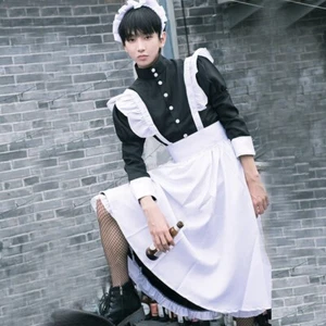 Herren Dienstmädchen Kleid Rüschen Langarm Kellnerin Cosplay Lolita Halloween Kostüm - Bild 1 von 13