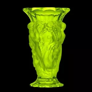 Art Deco Vaseline Uranium Glass Bacchantes Large Vase 1930 H.Hoffmann - Picture 1 of 3
