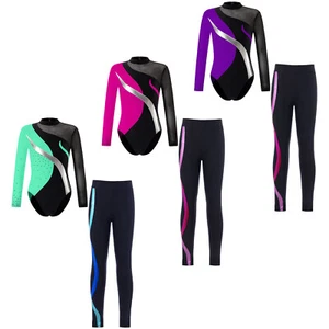 Kids Girls Stage Performance Costume Long Sleeve Dancewear 2 Pieces Workout - Picture 1 of 40