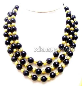 10mm Round Natural Black Agate Necklace for Women 18-20" 3 Strands Necklace - Picture 1 of 6