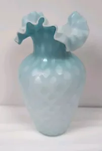 Antique Mt Washington Blue Satin Glass Vase Quilted Diamond Pattern Ruffled - Picture 1 of 4