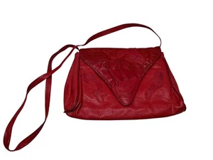 Vtg 80s Red Purse Croc Reptile Embossed Leather Retro Crossbody Shoulder Bag - Picture 1 of 12
