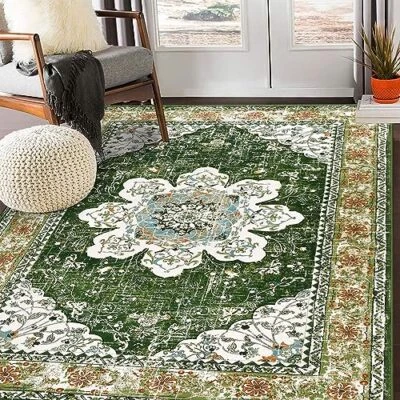  Bohemian Vintage Area Rug 5x8ft, Machine Washable Low-Pile Accent 5x8FT Green - Image 1 of 4
