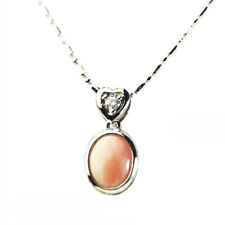 Natural Pink Coral with Heart CZ Bronze Pendant w Rhodium Plating