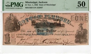 MS CR-28 1862 $1 Mississippi Paper Money - PMG About Uncirculated 50 - Civil War - Picture 1 of 2