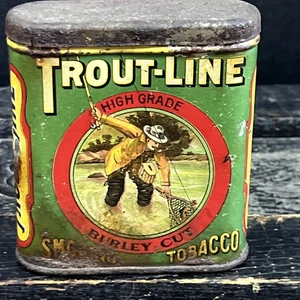 VINTAGE TROUT-LINE SMOKING TOBACCO EMPTY AD VERTICAL POCKET TIN - Picture 1 of 13