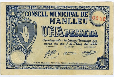 ☆ SPAIN CIVIL WAR 1937 • MANLLEU 1 PTS. MUNICIPAL ☆ GUERRA CIVIL ESPAÑOLA ☆D1550 - Image 1 of 2