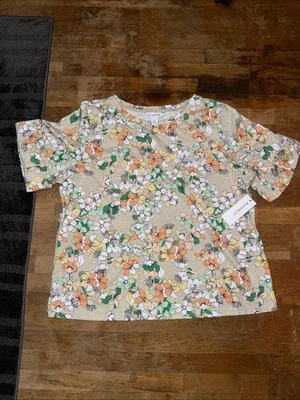 Liz Claiborne Women XXL Floral Print Boat Neck Short Sleeved  T-Shirt Beige - Image 1 of 4