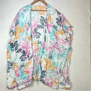 C&C California 100% Linen Kimono Kaftan Coverup Tropical Print Top OS One Size - Picture 1 of 7