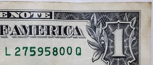 $1 Bill Over Ink/Heavy Ink On Serial Numbers + Stuck Digit - L 27595800 Q - Picture 1 of 4