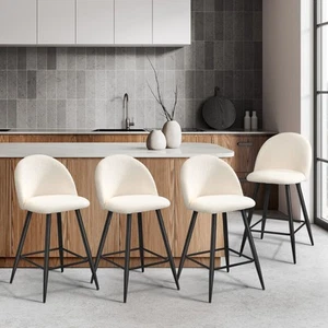 Oikiture 4x Bar Stools Kitchen Dining Chairs Counter Stool White Boucle Padded - Picture 1 of 10