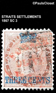 STRAITS SETTLEMENTS 1867 SC 3 QUEEN VICTORIA 3¢ BLUE OP ON 1a BRN FVF - Picture 1 of 2