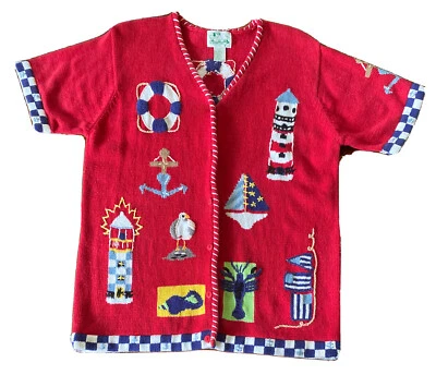 Quacker Factory Sweater Nautical Lighthouse Sailboats Sz LG Ramie & Cotton S/S - Image 1 of 4