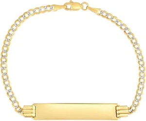 Floreo 10k Yellow Gold 3mm Solid Pave Curb Engraved Name Bar Custom ID Bracelet - Picture 1 of 5