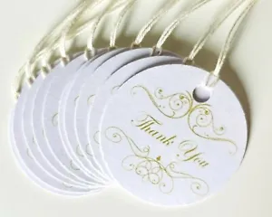 Thank you gift tags, gold print, circular tags with thread - Picture 1 of 2