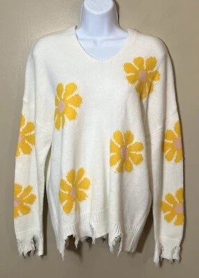 Hazel Moon Womens Size XL White Daisy Distressed Hoodie Pullover Sweater - Image 1 of 4