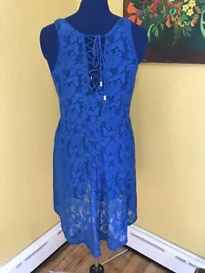 Candies Womens Floral Mesh Lace Up Back Mini Dress Coverup Royal Blue Size S - Picture 1 of 9