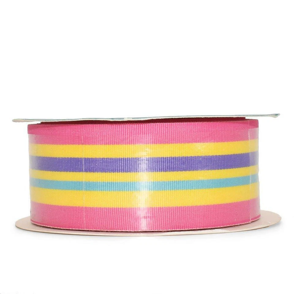 Carrete de 10 yardas rosa púrpura amarillo azul cabaña cinta de grosgrain a rayas 1,5" W Foto 1 de 1