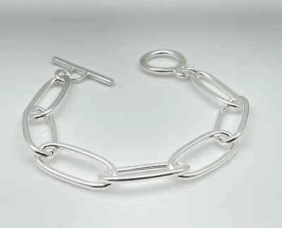 Paper Clip Style Silver Link Bracelet 925 Sterling Silver Toggle Clasp Bracelets - Image 1 of 4