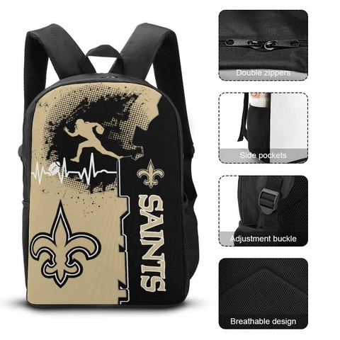 New Orleans Saints Shoulder Backpack 17” Travel Backpack Heartbeat Sport Style Cover