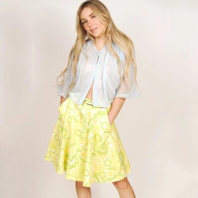 60s Geometric Skirt (25) vintage green belt XS mini mod yelow colorful hippy - Photo 1/4