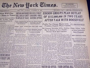 1937 25. NOVEMBER NEW YORK TIMES - EDISON GROUPS PLAN OUTLAY OF $112 MILLION - NT 1285 - Bild 1 von 2