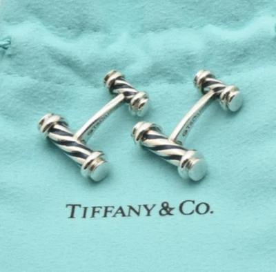 Gemelli Tiffany & Co. in argento sterling 925 colonna a righe smaltata a... - Immagine 1 di 4