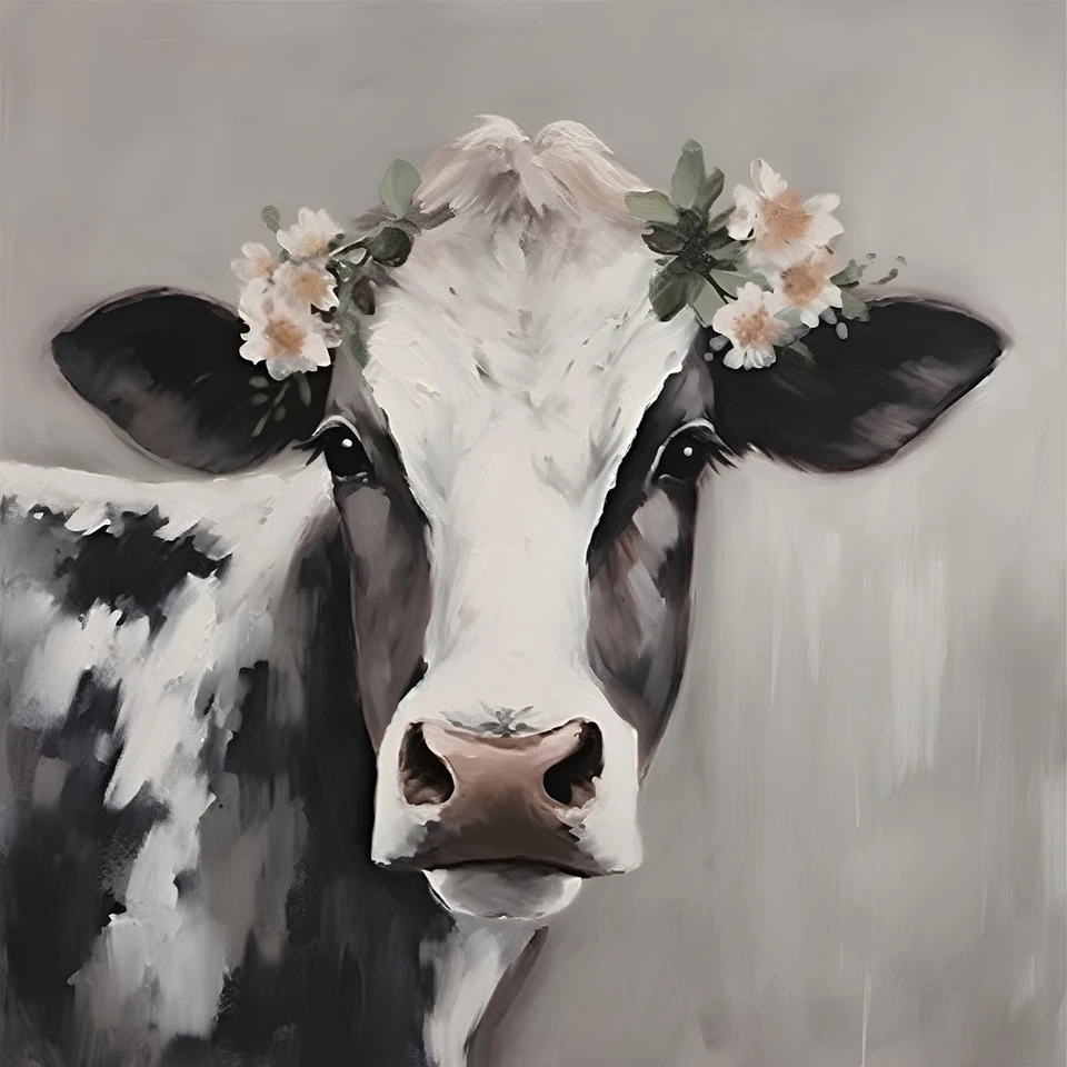Wandbild: Kuh mit einem Blumenkranz auf dem Kopf. Digitale Zeichnung. [...] - Bild 1 von 1