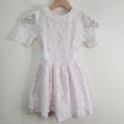 Vintage 1980's Eber Gir's Dress Pastel Pink White Lace Tie Back Size 6X Collared - Image 1 of 4
