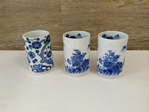 Vintage Japan Porcelain Tall Tea Sake Blue & White Cups Lot of 3 - Picture 1 of 7