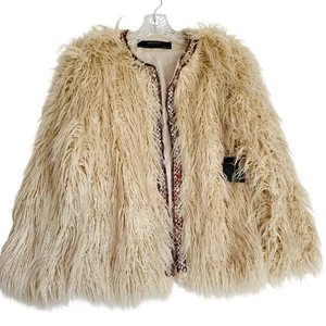 ZARA Shaggy giacca pelliccia sintetica XS beige aperta davanti glam boho clubwear festa artistica - Foto 1 di 9