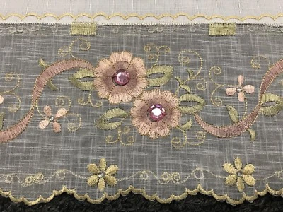 White Embroidery Pink Jeweled Rhine stone 33x33" Square Embroidered Tablecloth - Image 1 of 4