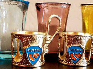 California 1950's Libby Reflections Shot Cordial Glasses Handled Metal Holders 4 - Picture 1 of 11