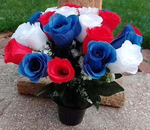 Artificial Roses Red White Blue Flowers Grave Crem Pot Home Decor UK Colours - Picture 1 of 2