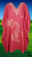 Womens Boho Kaftan Sunkissed Coral Red Embroidered Cruise Vacation Caftan Dress