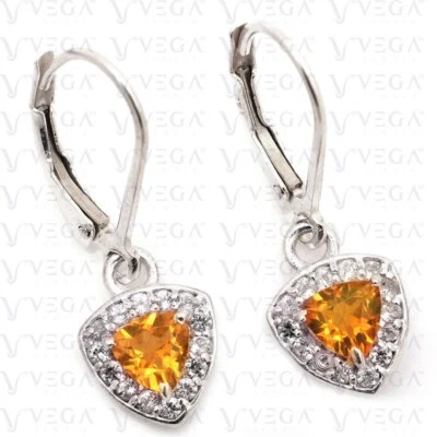 2.84Ct Trillion Cut Natural Citrine & Diamond Drop Earring 14K White Gold Plated - Image 1 of 4