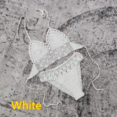 Hecho a mano Crochet Encaje Tejido Sujetador Boho Mujeres Traje de baño Playa Bikini Conjunto con Almohadilla de Sujetador Foto 1 de 4